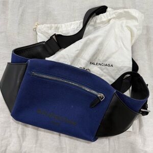 Authentic Balenciaga Blue canvas and Black leather belt bag
